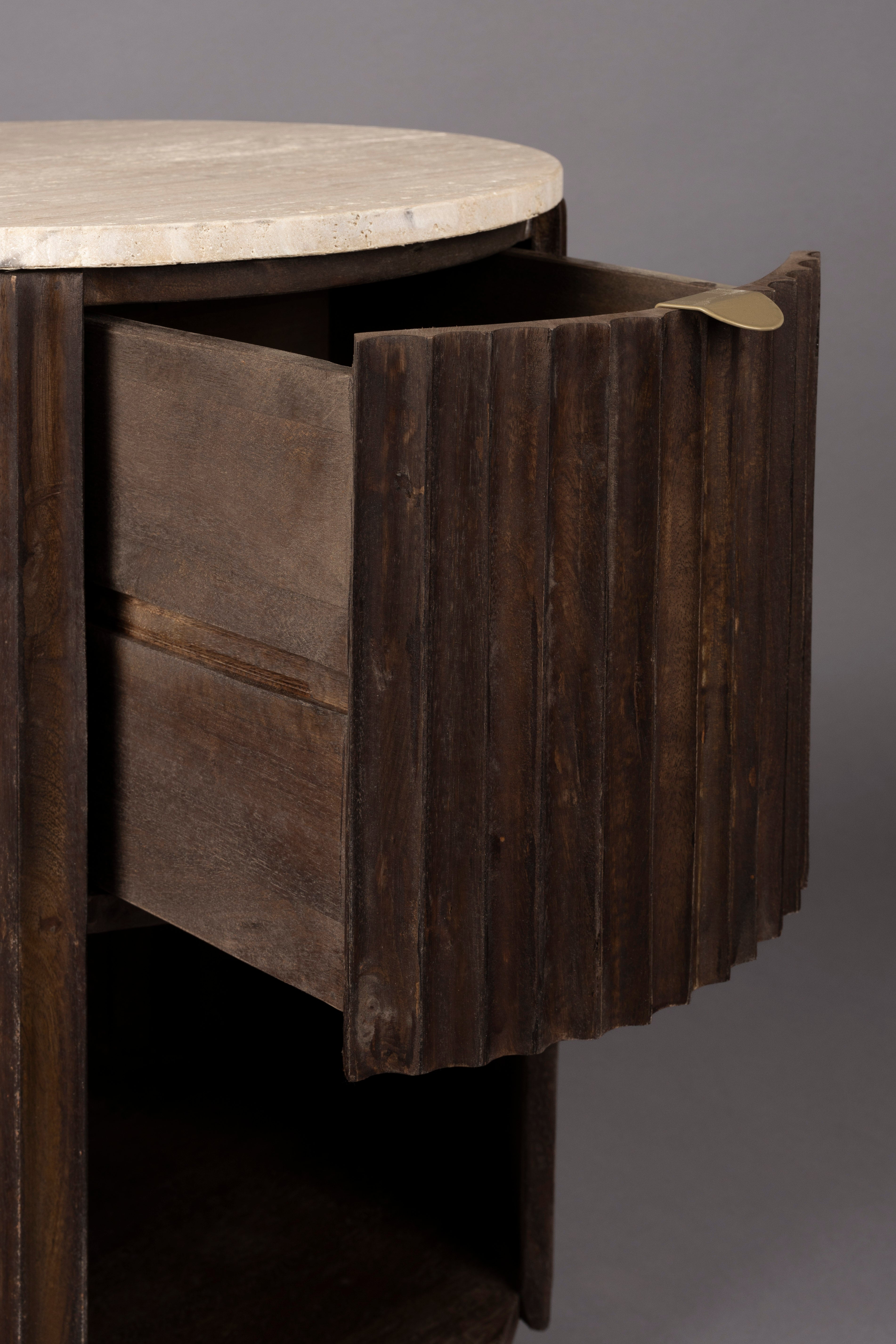 Dutchbone Marlow Ribbed Mango Wood & Travertine Marble Side Table/Bedside Table
